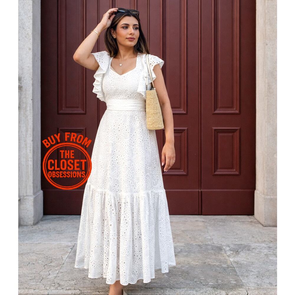 RARE ZARA White Embroidered Eyelet Midi Dress NWT